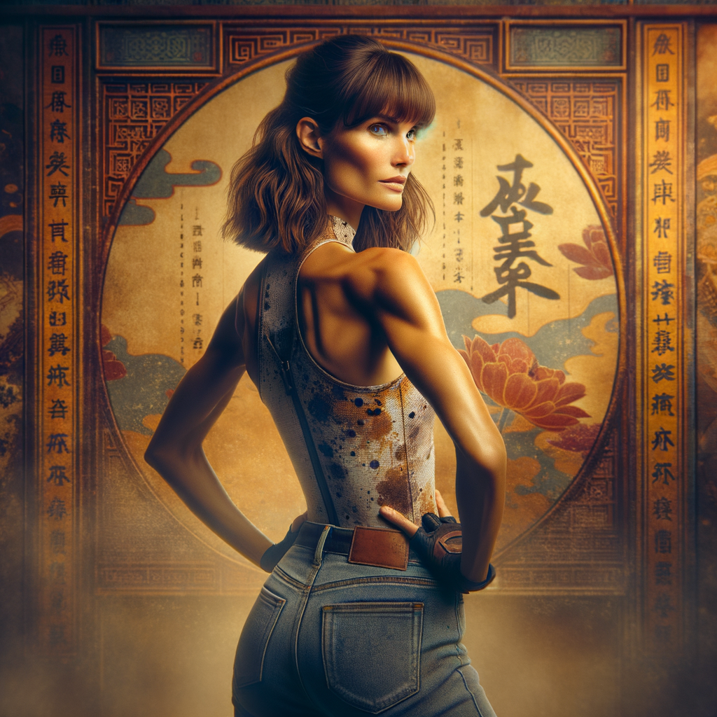 Athletic Thin skinny Attractive, Asian teenage girl, long brown hair and bangs, wearing tight skinny jeans and a halter top paint marks on her clothing, heroic pose Asian graffiti background, backside view