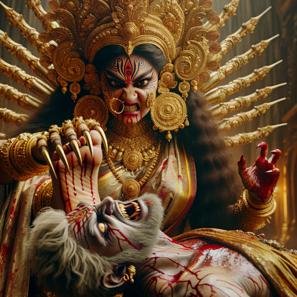 portrait of angry looking goddess durga pinning a weak mahishasur to the ground with her foot and stabbing him with her amazingly long fingernails. She is wearing gold armor, a huge gold crown, gold saree, abundant  gold jewelry, covered in blood. The scene is set in ancient India. The image is 8K resolution, photography, cinematic, ultra detailed face and epic