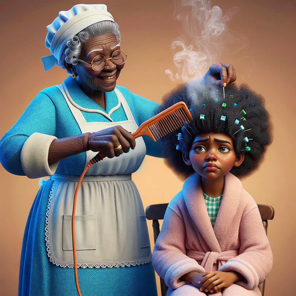 Create a realistic 3-D image of an african-American grandmother wearing a blue house dress and a white apron . She is in the kitchen with her african-American granddaughter. Her granddaughter is wearing a pink bath robe. The grandmother has a hot comb in her hand and she is straightening her granddaughters hair. One side of her granddaughters hair is in  a Afro the other straight 
There is smoke coming from the hot comb
The granddaughter is making a face