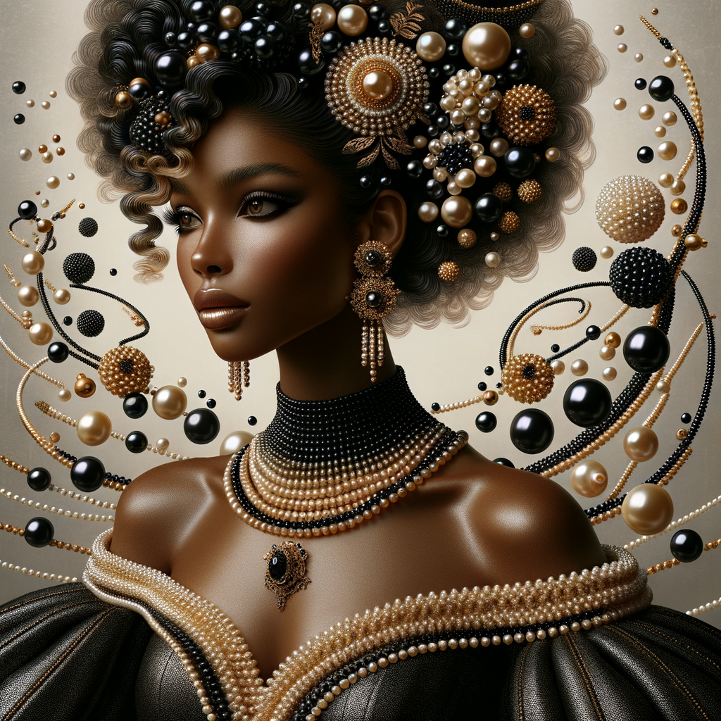 Imagine a digital portrait of a light skinned African-American Latino regal woman named KAREN Her attire and accessories are exclusively adorned with black and gold pearls. They grace her voluminous hair, styled in an elegant updo, where the black pearls form the roots and the gold pearls create the stunning curls. Her ears boast chandelier earrings, with black pearls clustered at the top, transitioning to gold pearls that dangle with delicate grace. Around her neck, a tiered necklace cascades with strands of alternating black and gold pearls, reflecting a sophisticated contrast.

Her shoulders are draped with a luxurious off-shoulder gown, the fabric's weave incorporating intricate patterns formed by black and gold pearls. The gown's texture has a subtle sheen, suggesting a high-quality material with a pearlescent finish. As a centerpiece, a grand brooch sits at her collar, with a large gold pearl surrounded by an elaborate design of smaller black pearls.

The background of the portrait features an abstract composition of floating pearls, swirling in a dance of shadows and light, emphasizing the color theme of black and gold. The name "KAREN" is discreetly integrated into the lower right corner of the artwork, blending seamlessly with the design, as if it were a signature part of the jewelry ensemble. The overall effect is one of timeless elegance, a blend of modern design and classic beauty, all tied together by the luxurious palette of black and gold.