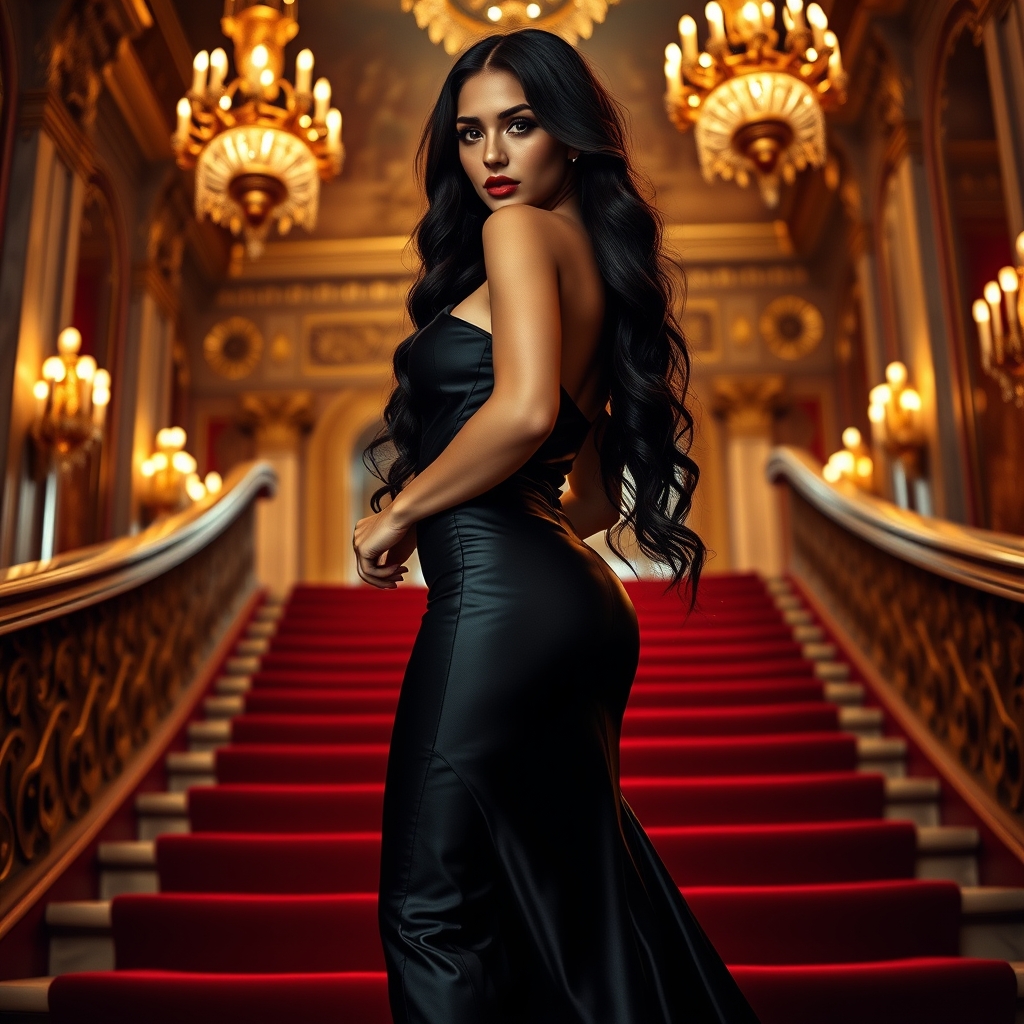 A cinematic shot of Dahlia Valentina (DahliaValentina_ai) – a fit, tall, supple, well-endowed, tanned Italian-American model with long, wavy black hair cascading down her back. She exudes elegance and confidence as she gracefully descends a grand, red-carpeted staircase in a luxurious, form-fitting black satin evening gown with a dramatic thigh-high slit. The gown clings to her curves, shimmering subtly under the warm glow of golden chandeliers. Her high cheekbones, full lips, and striking eyes captivate with an alluring, knowing expression. Her makeup is flawless, with sultry smoky eyes and a deep red lip. The scene is set in a lavish ballroom with ornate architectural details, opulent gold and marble accents, and an atmosphere of refined power and sophistication. The lighting is cinematic, casting soft, moody highlights across her figure, enhancing the dramatic composition. Every step she takes radiates confidence, as if she owns the night. The image is crisp, high-resolution, and perfectly balanced, evoking the essence of high fashion and classic Hollywood glamour.