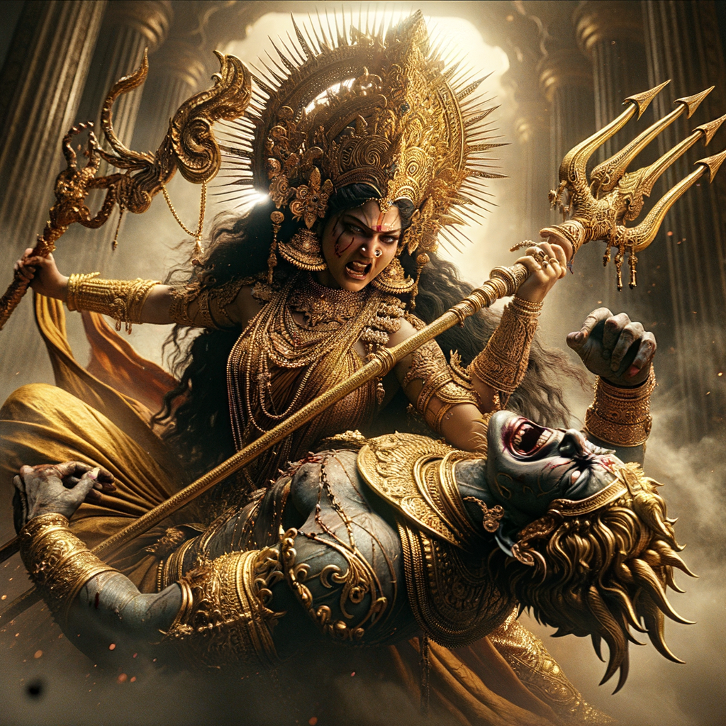 portrait of angry looking goddess durga slaying a weak mahishasur by carrying him in her two arms and stabbing him with her amazingly designed trident. She is wearing gold armor, a huge gold crown, gold saree, abundant  gold jewelry, covered in blood. The scene is set in ancient India. The image is 8K resolution, cinematic, ultra detailed face and epic.