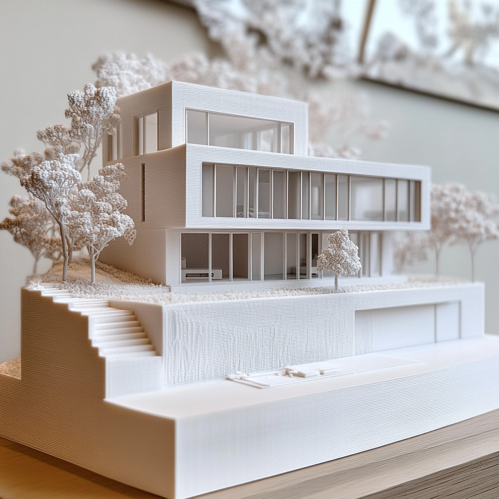 3D printed scale model of a modern house being displayed as art on a wall