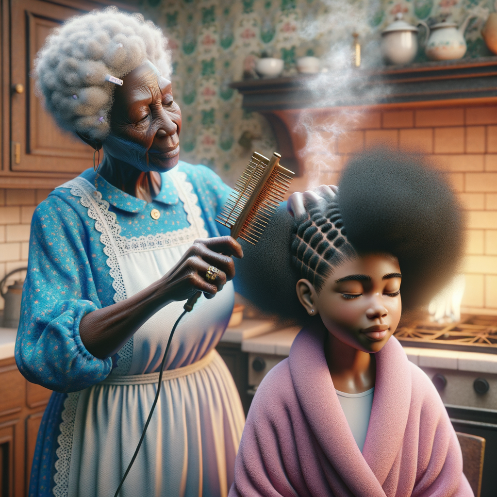 Create a realistic 3-D image of an african-American grandmother wearing a blue house dress and a white apron . She is in the kitchen with her african-American granddaughter. Her granddaughter is wearing a pink bath robe. The grandmother has a hot comb in her hand and she is straightening her granddaughters hair. One side of her granddaughters hair is in  a Afro the other straight 
There is smoke coming from the hot comb
The granddaughter is making a face