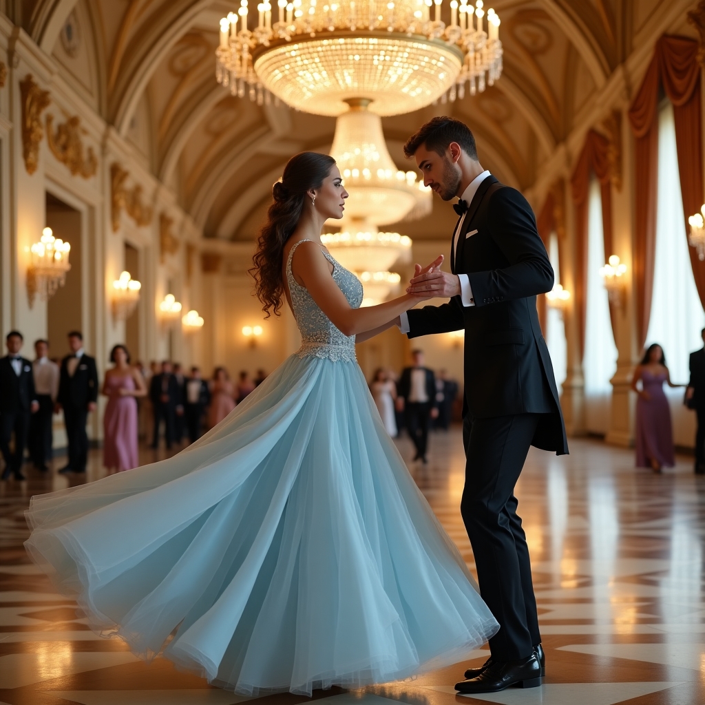 “A breathtaking shot taken with a Nikon D850 and a 24-70mm f/2.8 lens. Dahlia Valentina (DahliaValentina_ai) fit tall supple well endowed tanned Italian American model glides gracefully across an opulent ballroom floor, caught mid-turn in a Viennese waltz. She wears a flowing ice-blue ballgown, its delicate lace details shimmering under the golden glow of an enormous crystal chandelier. Her posture is poised, her expression serene as she twirls with an elegant dance partner in a classic tuxedo. The grand ballroom features intricate gilded moldings, towering windows draped with silk curtains, and polished marble floors reflecting their movements. The air feels enchanted, as if time itself has slowed for this graceful moment. The soft depth of field blurs the background slightly, enhancing the dreamlike quality of the scene.”