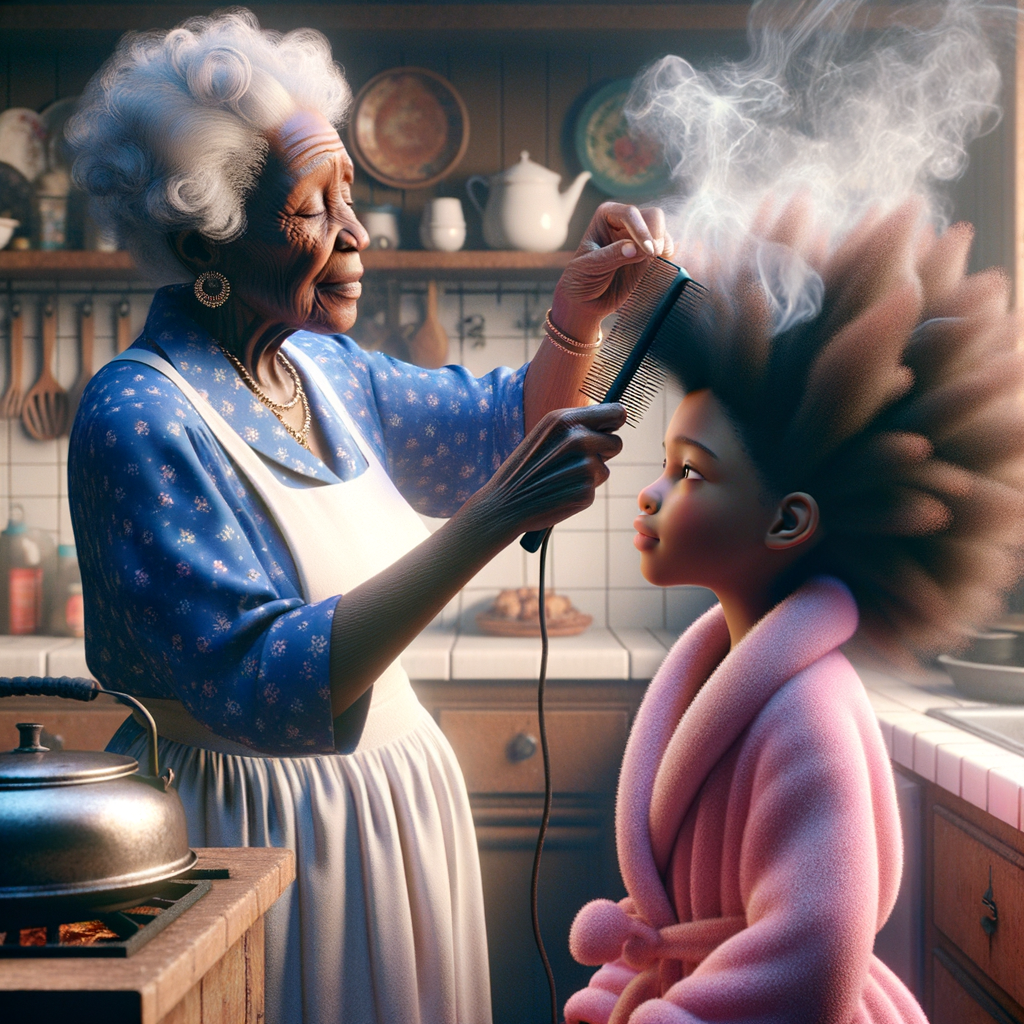 Create a realistic 3-D image of an african-American grandmother wearing a blue house dress and a white apron . She is in the kitchen with her african-American granddaughter. Her granddaughter is wearing a pink bath robe. The grandmother has a hot comb in her hand and she is straightening her granddaughters hair. One side of her granddaughters hair is in  a Afro the other straight 
There is smoke coming from the hot comb
The granddaughter is making a face as if to say grandma that hurt