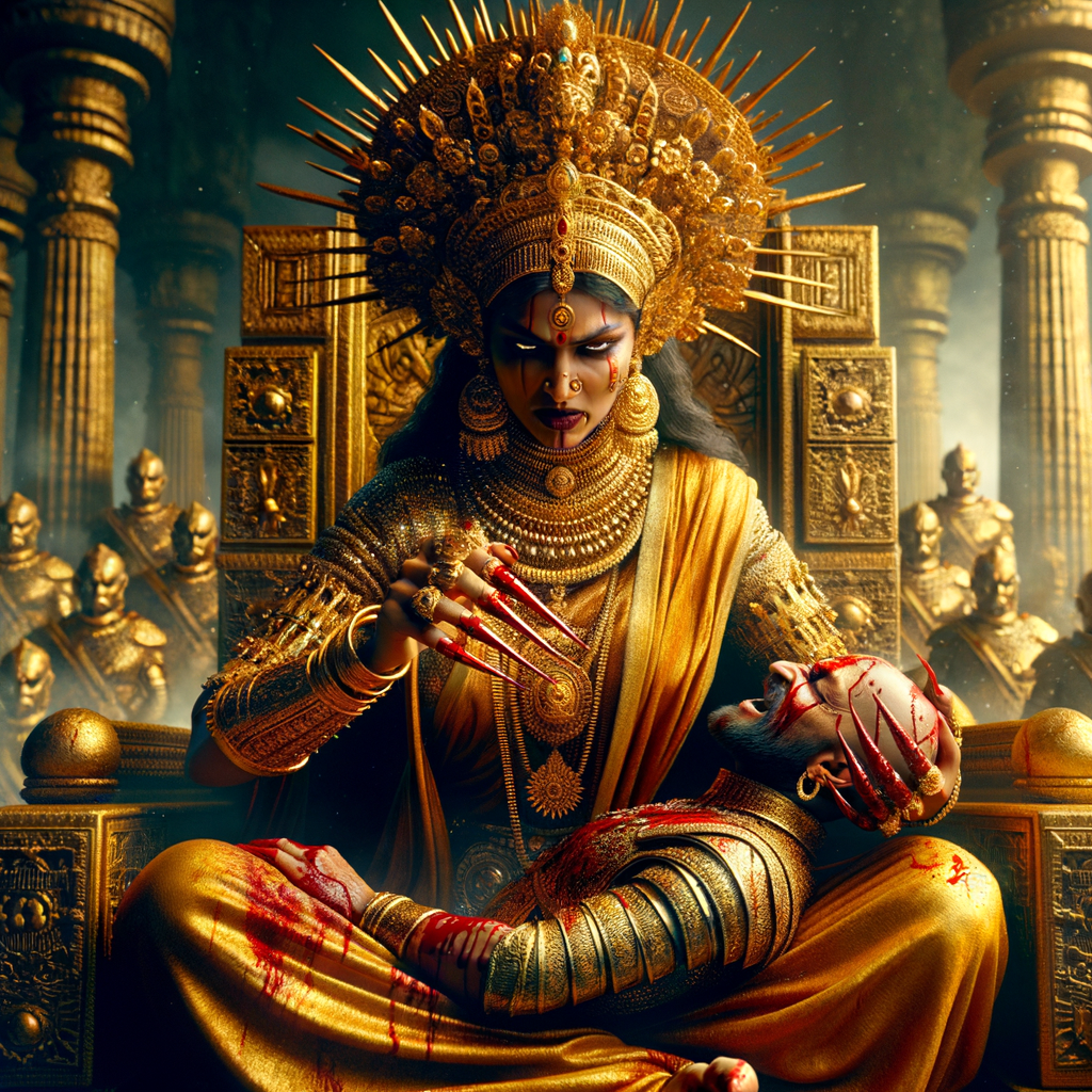 portrait of angry looking goddess durga sitting on a gold crown and carrying a weak mahishasur on her lap and poking him with her amazingly long red fingernails. She is wearing gold armor, a huge gold crown, gold saree, abundant  gold jewelry, covered in blood. The scene is set in ancient India. The image is 8K resolution, cinematic, photography, ultra detailed face and epic.