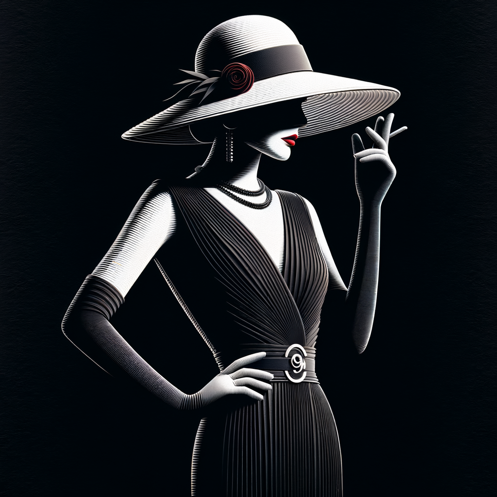 A glamorous 1920s lady, black and white silhouette style with red highlights, she is wearing a wide brim hat and sleek black dress. Show head and shoulders only. Black background