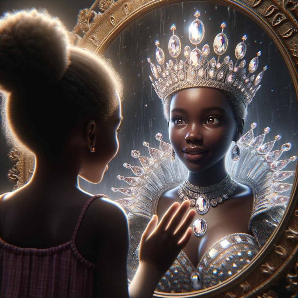 In a 3-D realistic world, a beautiful African-American child stands before a mirror. Her eyes widen as she gazes at her reflection, for the mirror reveals not just her own image but a majestic adult queen. The queen’s skin glows with regal elegance, her features exuding grace and wisdom. She wears a crown adorned with shimmering jewels, each gem reflecting the light like a thousand stars.
The child’s wonder deepens as she realizes that the queen in the mirror is none other than her future self—a powerful ruler who wears her heritage with pride. The mirror whispers secrets of destiny, urging her to embrace her potential and become the queen she sees.
And there, in this magical moment, the child and the queen share a silent pact: to honor their roots, uplift their people, and wear their crowns with unyielding strength.