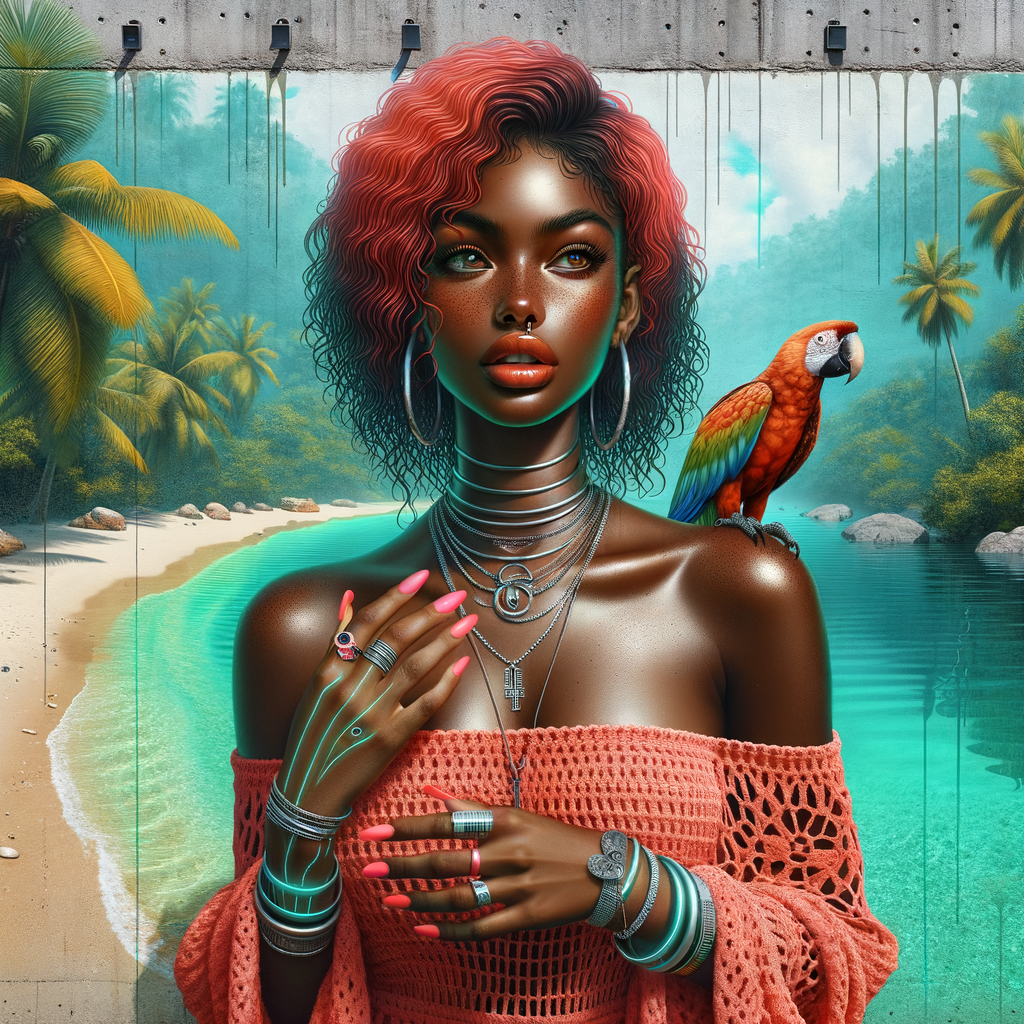 Tropical forest landscape Pretty blue exotic waters palm trees beautiful sand, ducks in the water.An Street art style image of a thick African American woman she’s wearing a Coral crochet off the shoulder dress, sandals, warm mahogany skin tone, full lips, long wispy lashes, freckles, multiple silver necklaces, rings, pink nails. wet wavy red hair, parrot on her shoulder, electrostatic art contrast colors high definition