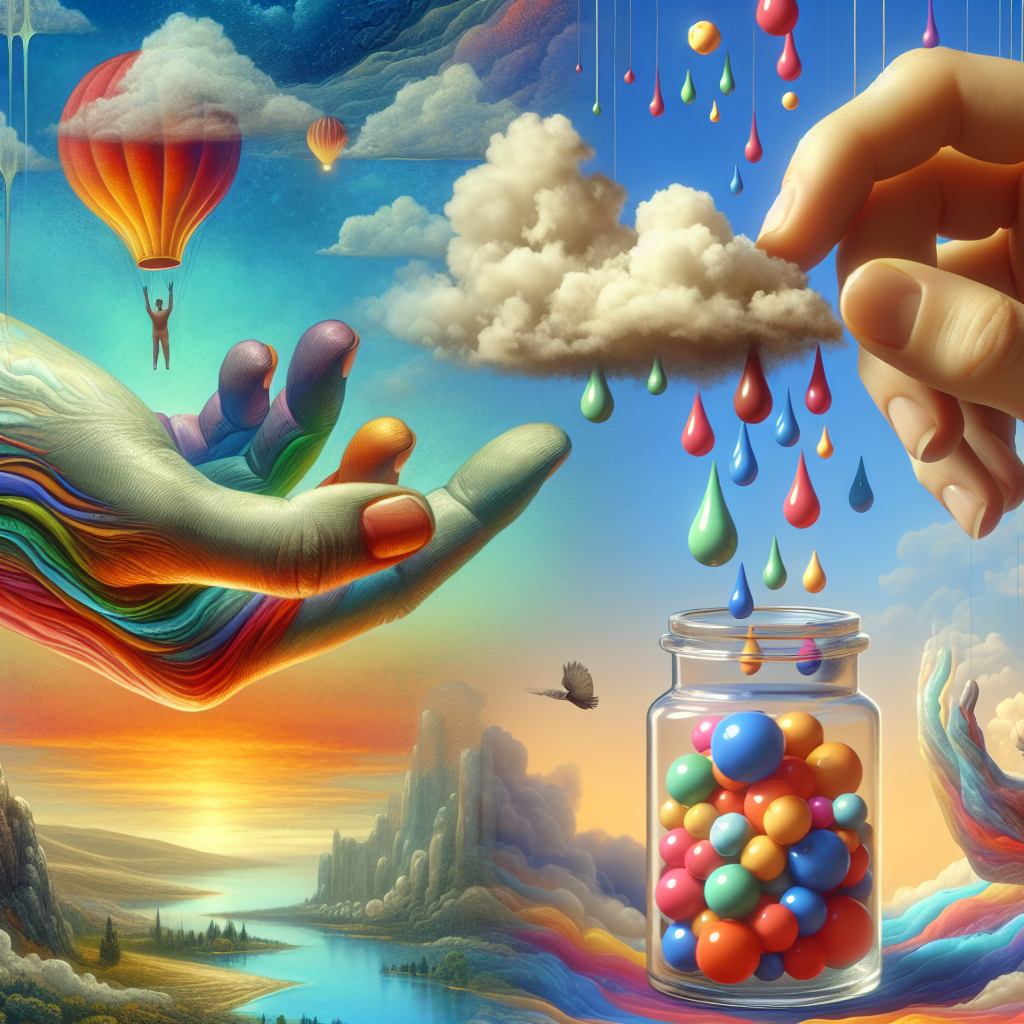 A pair of hands holding a tiny cloud that drips colorful rain into a glass jar.