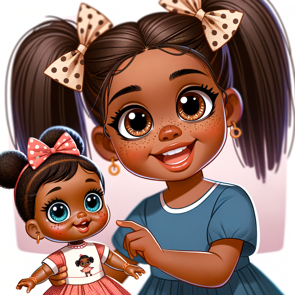 African-American girl with huge Hazel Brown eyes and long, black ponytails with Bows playing with African-American, cabbage Patch doll with huge dimples and freckles