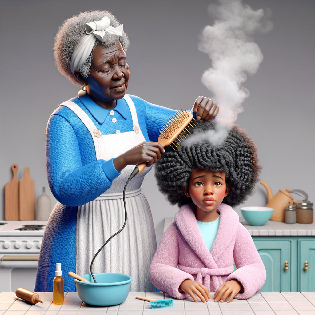 Create a realistic 3-D image of an african-American grandmother wearing a blue house dress and a white apron . She is in the kitchen with her african-American granddaughter. Her granddaughter is wearing a pink bath robe. The grandmother has a hot comb in her hand and she is straightening her granddaughters hair. One side of her granddaughters hair is in  a Afro the other straight 
There is smoke coming from the hot comb
The granddaughter is making a face