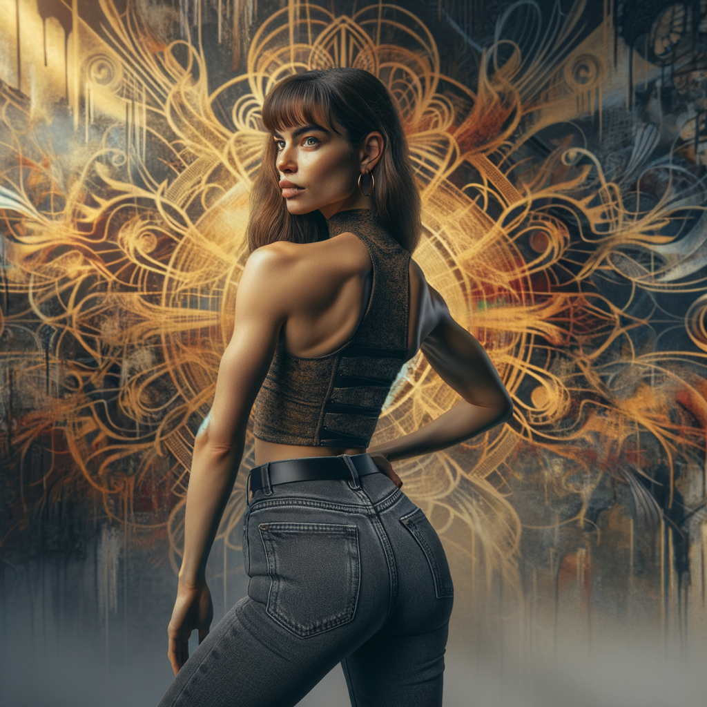 Athletic Thin skinny Attractive, Asian teenage girl, long brown hair and bangs, wearing tight skinny jeans and a halter top paint marks on her clothing, heroic pose Asian graffiti background, backside view