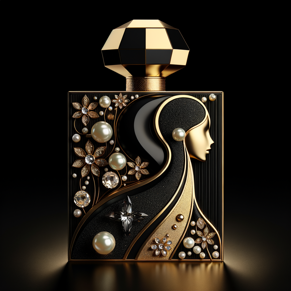 Design a fancy, black and gold bottle of perfume in the shape of a woman’s body. With a golden diamond top, flowers pearls and Diamonds in the name, Karen