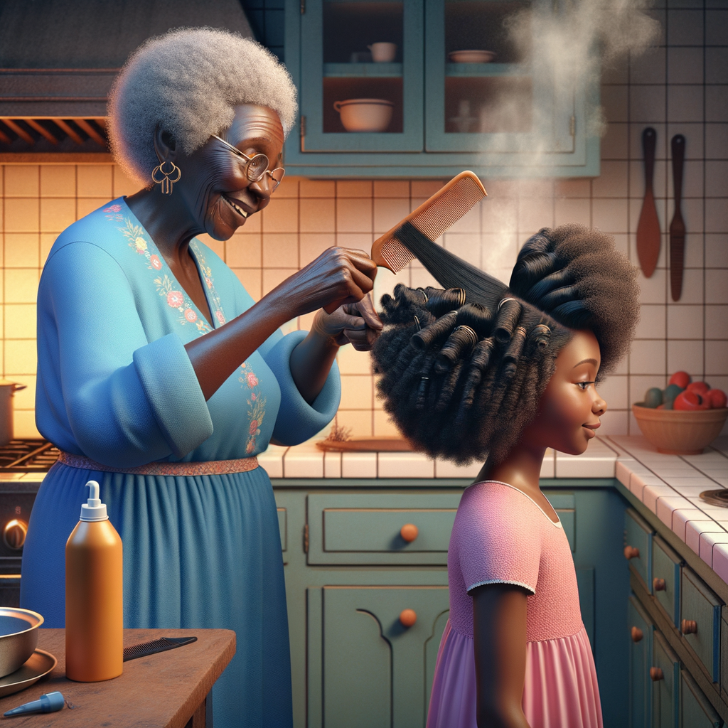 Create a realistic 3-D image of an african-American grandmother wearing a blue house dress. She is in the kitchen with her african-American granddaughter. Her granddaughter is wearing a pink dress The grandmother has a hot comb in her hand and she is straightening her granddaughters hair. One side of her granddaughters hair is in  a Afro the other straight 
There is smoke coming from the hot comb