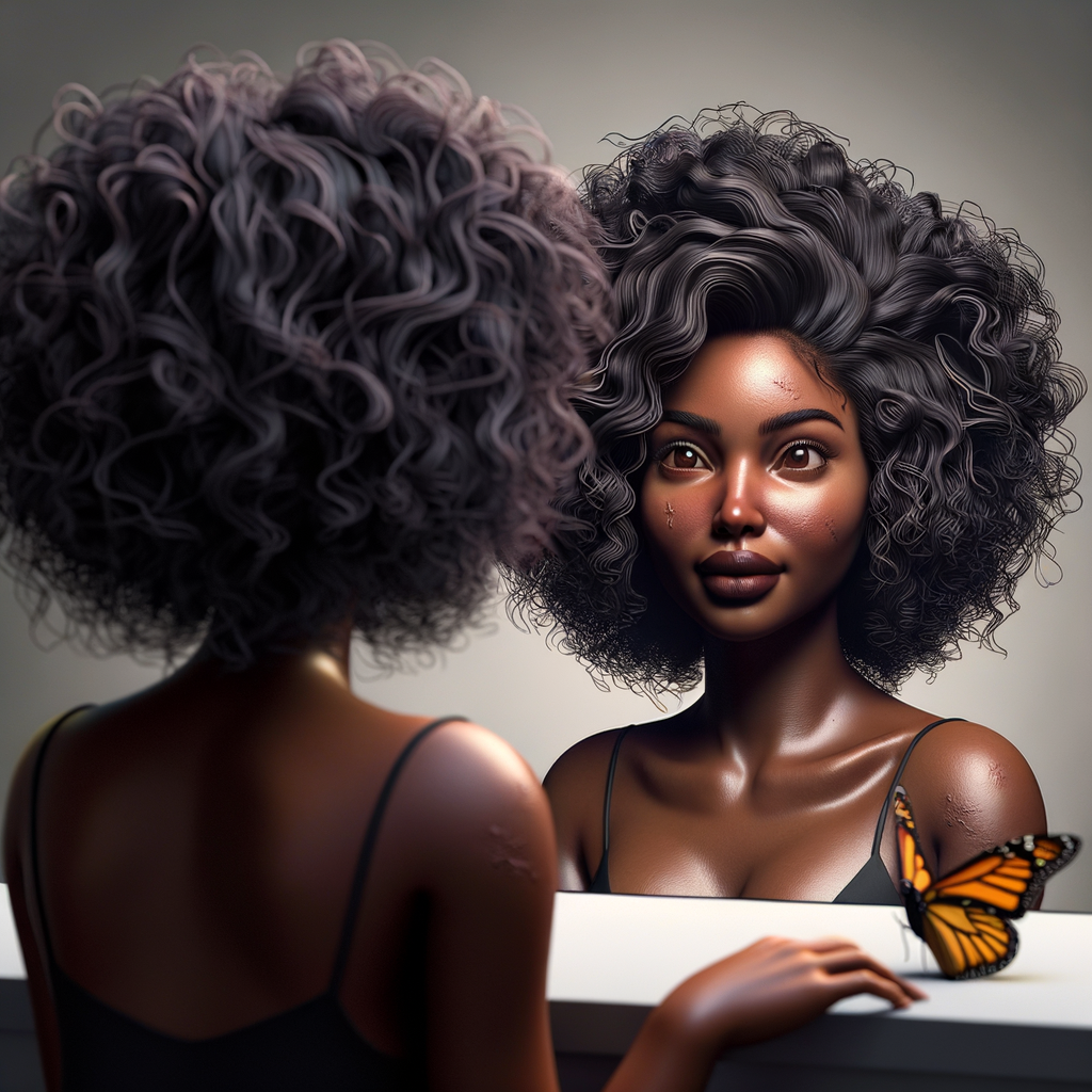 Create a 3-D realistic beautiful African-American  women with thick curly black hair
Looking at herself in the mirror, but the reflection she sees is a child, and she is no longer beautiful. She is ugly with scars. There is a fallen butterfly.