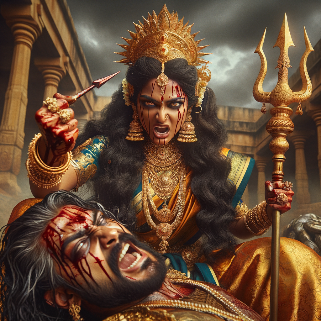 portrait of angry looking, indian goddess cosplayer straddling a defeated mahishasur, while he is lying on the ground and she stabs him with her trident. She is wearing gold armor, a huge gold crown, gold saree, abundant  gold jewelry, covered in blood. The scene is set in ancient India. The image is 8K resolution, cinematic, photography, ultra detailed face and epic.