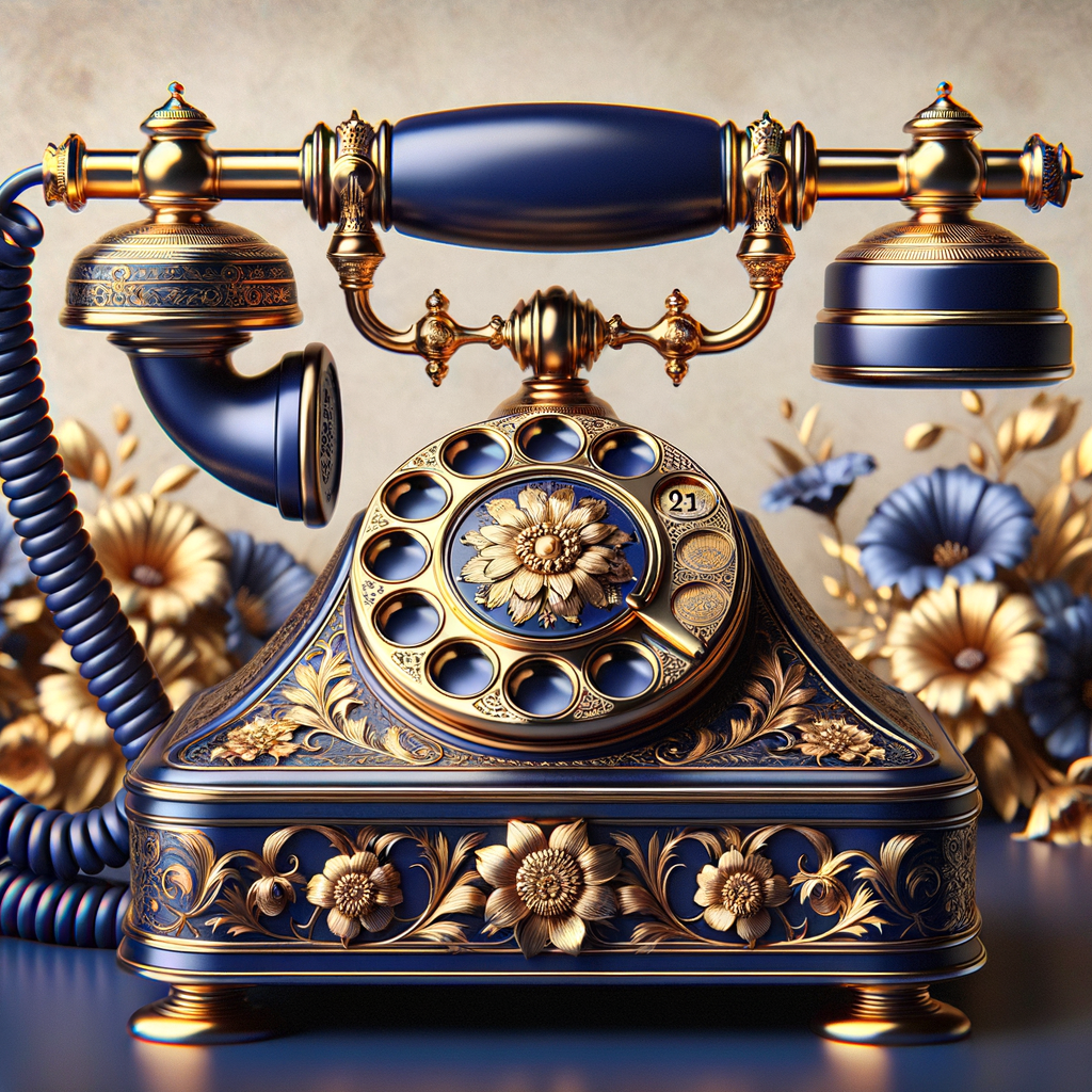 Create an image of an ornate vintage telephone with a sophisticated design, combining royal blue and gold colors. The body and receiver of the phone should be a deep, lustrous blue, with intricate gold embellishments and floral patterns etched into the metal. The circular dial is also detailed with gold accents. The coiled cord should be a matching blue. In the background, soft-focus, elegant flowers add a natural and aesthetic touch, complementing the phone’s luxurious look. There should be no text or watermarks present.