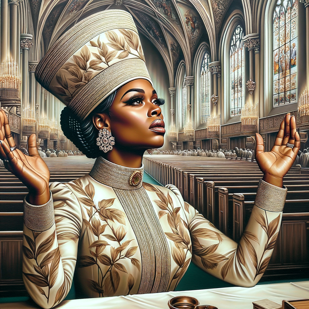 Render an airbrush oil painting of an African American woman with flawless makeup
kneeling at a church altar, her hands raised in a gesture of surrender to God. She's
dressed in stylish Sunday Best attire, with a particular focus on the delicate details of
her Church Hat. The background features a beautifully painted church interior, with the
oil paint texture enhancing the sacred atmosphere. The artwork should capture the
woman's devout expression, the elegance of her attire, and the spiritual ambiance of
the church setting, reflecting a moment of deep faith and devotion.