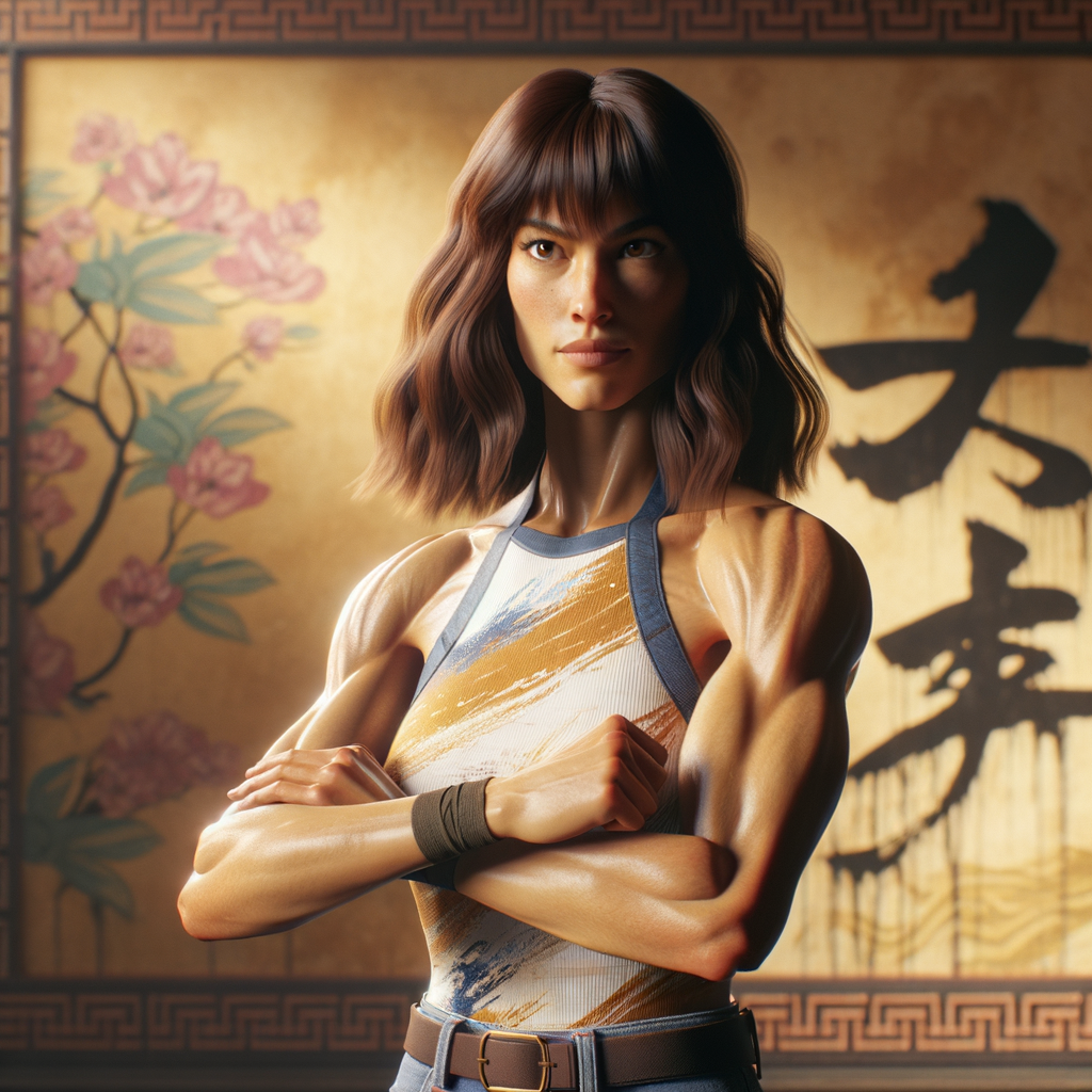 Athletic Thin skinny Attractive, Asian teenage girl, long brown hair and bangs, wearing tight skinny jeans and a halter top paint marks on her clothing, heroic pose Asian graffiti background, side view