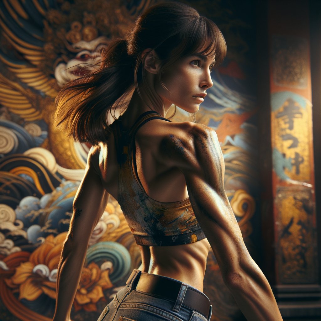 Athletic Thin skinny Attractive, Asian teenage girl, long brown hair and bangs, wearing tight skinny jeans and a halter top paint marks on her clothing, heroic pose Asian graffiti background, backside view