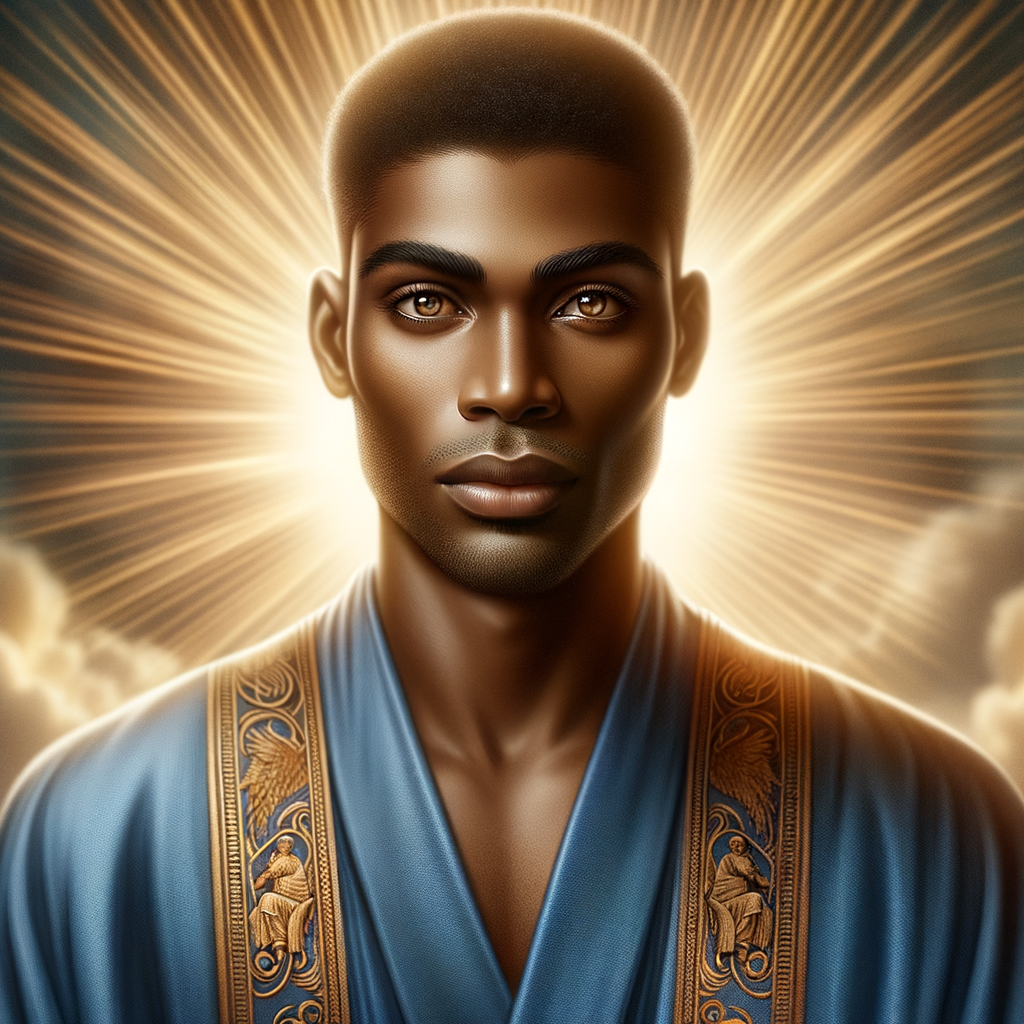 Create handsome African-American, Jesus, with Hazel Brown eyes wearing a blue and gold robe