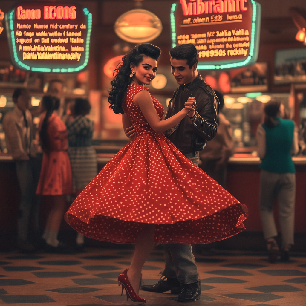 “A vibrant mid-century dance hall scene captured with a Canon EOS R5 and a 50mm f/1.2 lens. the image is focused on Dahlia Valentina fit tall supple well endowed tanned Italian American model (DahliaValentina_ai) stands in the center of a 1950s rockabilly dance, spinning in a bright red polka-dot dress with a fitted bodice and a flared skirt that lifts as she twirls. Her long wavy black hair is tied up with a matching headscarf, and she wears classic cat-eye eyeliner with a bold red lip. She dances with a charming partner dressed in a leather jacket and cuffed jeans, both caught mid-motion in a lively jitterbug step. The neon signs glow behind them, casting warm reflections on the checkered dance floor. The energy of the crowd, jukebox music, and the flickering of retro diner lights add to the nostalgic atmosphere. The composition follows dynamic angles, emphasizing movement and vintage allure.”