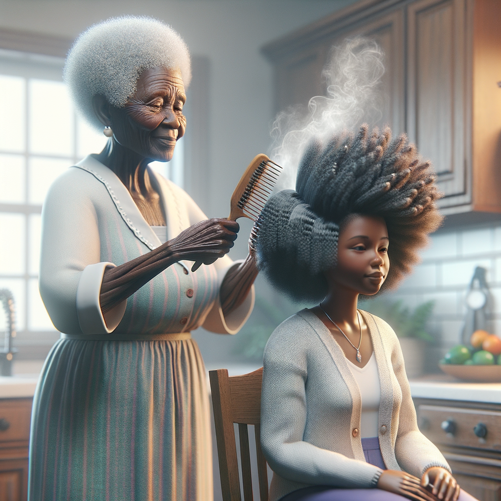 Create a realistic 3-D image of an african-American grandmother in the kitchen with her african-American granddaughter. The grandmother has a hot comb in her hair and she is straightening her granddaughters hair. One side of her granddaughters hair is in  a Afro the other is bone straight 
There is smoke coming from the hot comb