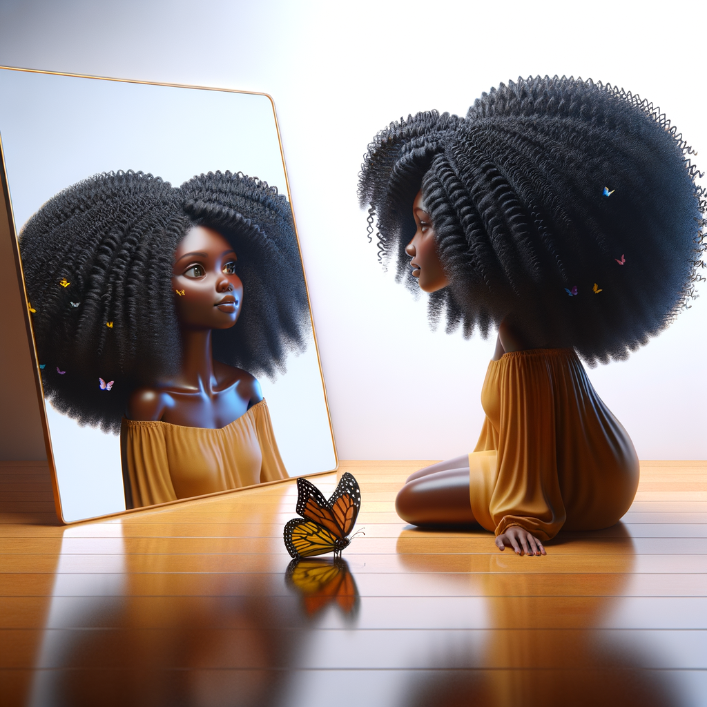 Create a 3-D realistic beautiful African-American  women with thick curly black hair
Looking at herself in the mirror, but the reflection she sees is a child, and she is no longer beautiful. She is ugly with scars. There is a fallen butterfly.