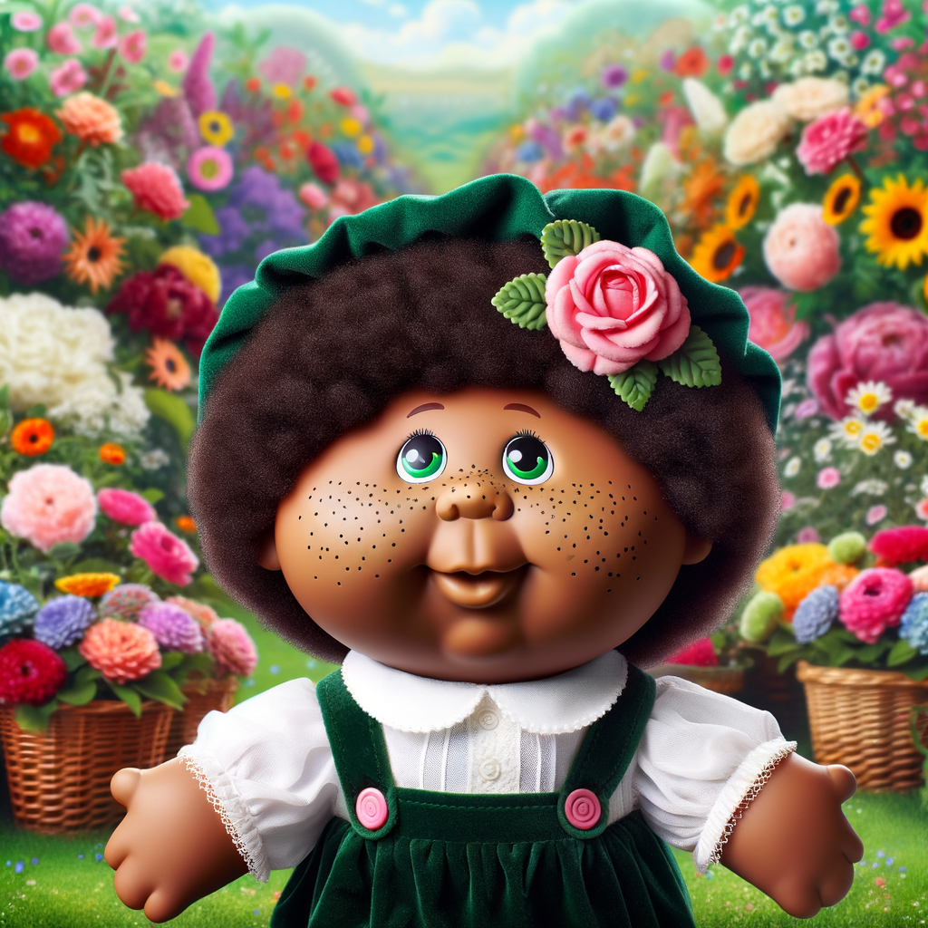 African-American cabbage patch doll with huge dimples, and freckles and flowers in the background