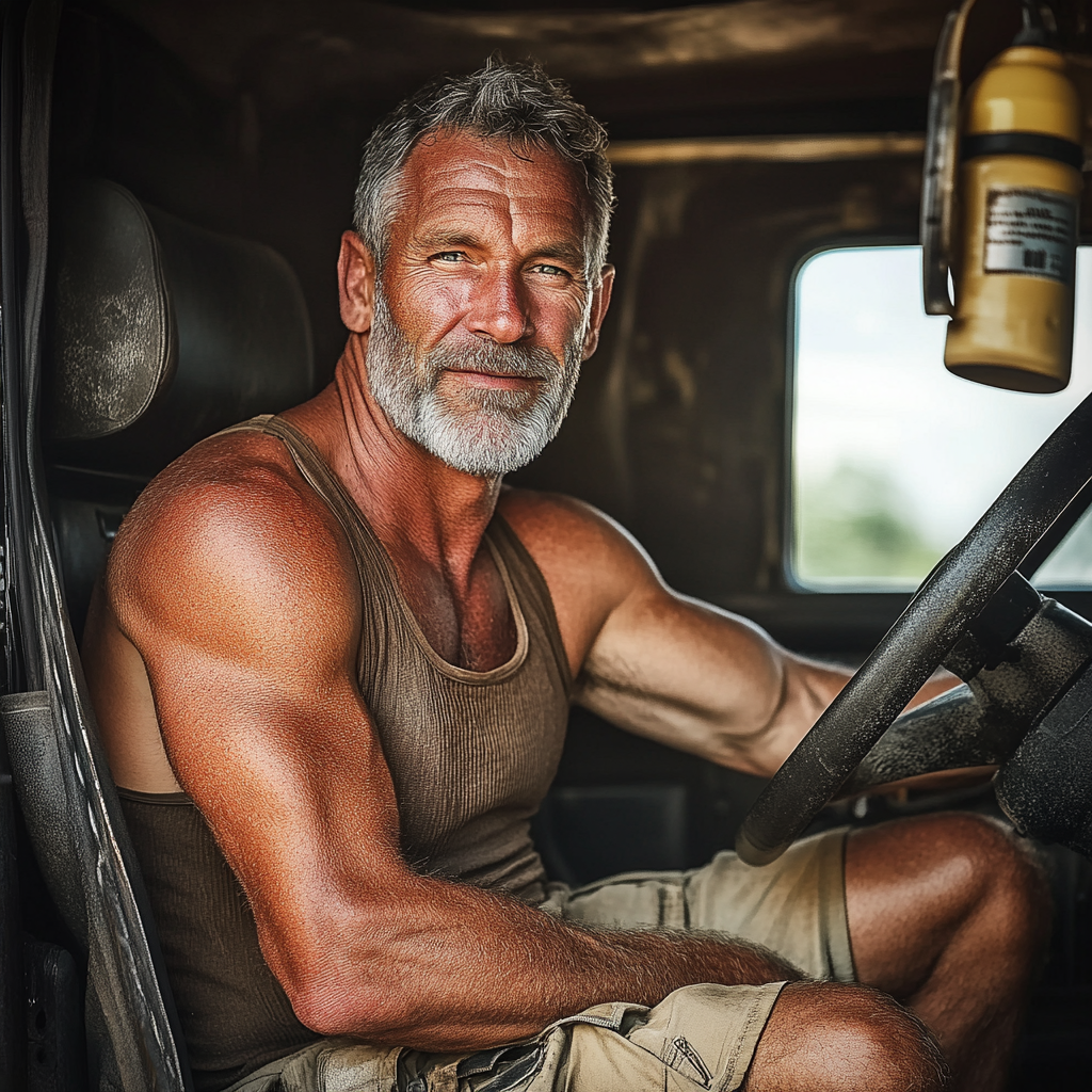 A muscular, older man with a well-groomed gray beard and short, salt-and-pepper hair sits confidently in the cab of a rugged truck. He’s wearing a snug brown tank top that shows off his bulging arms and broad shoulders, paired with tan cargo shorts that highlight his strong, athletic legs. His work boots, scuffed and worn from years of use, rest on the floor of the truck. The man exudes a rugged, seasoned vibe, with a hint of a smile as he grips the steering wheel, ready to hit the road. The truck’s interior is practical and well-used, with a few personal touches like a hanging air freshener and a coffee thermos in the cup holder