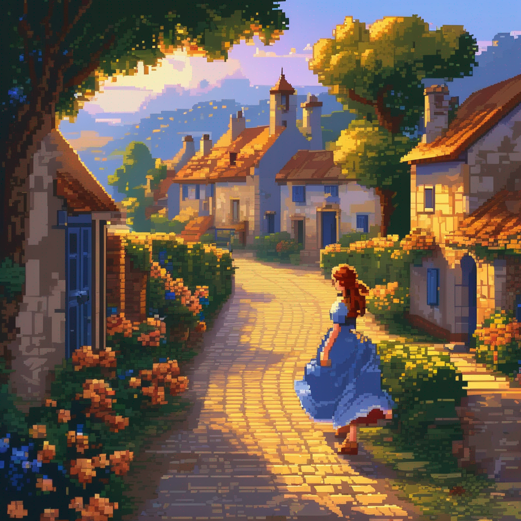 A young woman wearing a finely detailed blue dress, walking along a cobblestone path in a quiet village. Her dress flows gracefully as she moves, and the scene is illuminated by the golden hues of a setting sun, casting long shadows across the quaint, flower-filled square