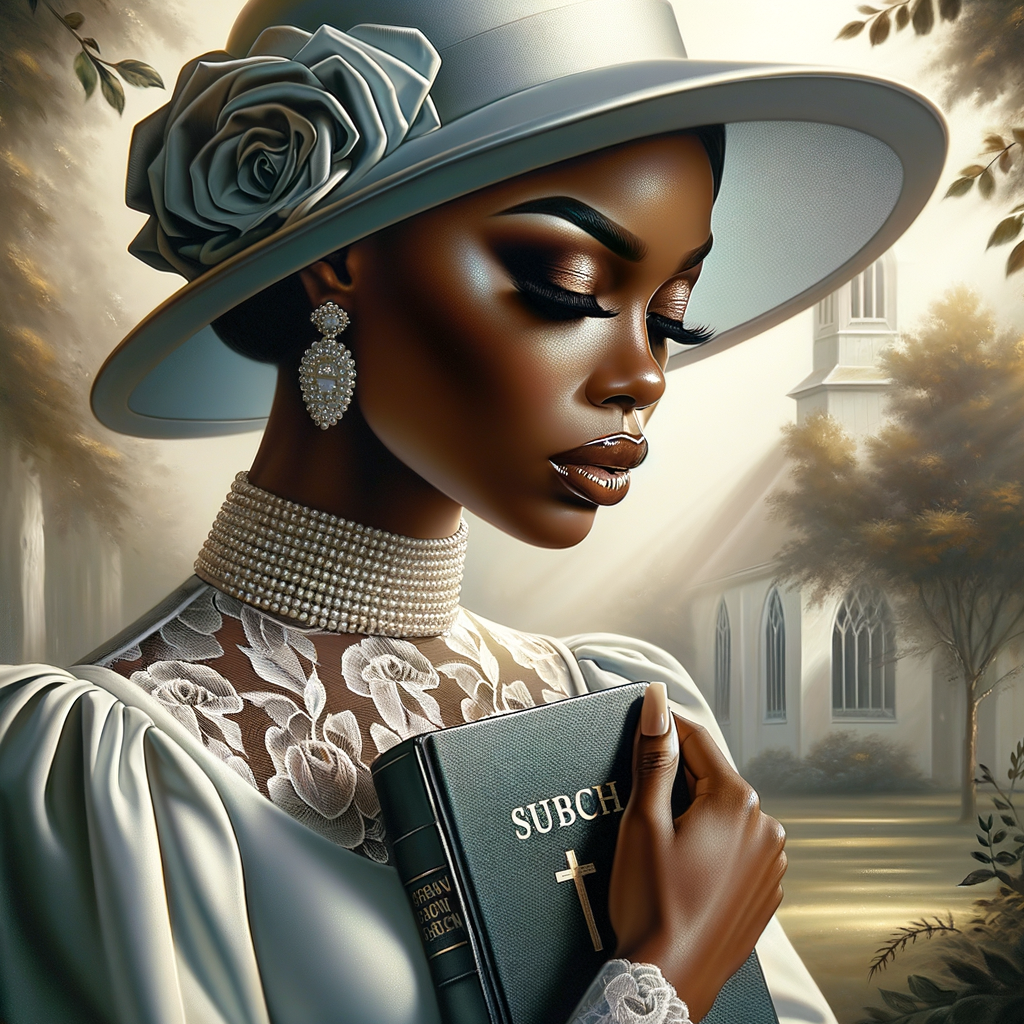 Render an airbrush oil painting of an African American woman with flawless makeup in a
contemplative pose, holding a Bible close to her heart, dressed in an elegant Sunday Best
outfit with a distinctive Church Hat. The background features a peaceful church garden,
with light filtering through the trees, highlighting her spiritual connection and the personal
moment of reflection. The artwork should capture the tranquility of the scene, the beauty
of her attire, and the depth of her contemplation, reflecting a serene and spiritually