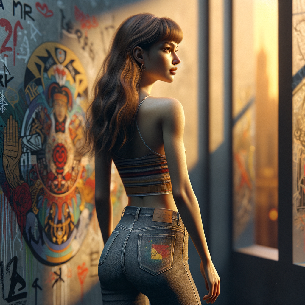 Athletic Thin skinny Attractive, Asian teenage girl, long brown hair and bangs, wearing tight skinny jeans and a halter top paint marks on her clothing, heroic pose Asian graffiti background, backside view