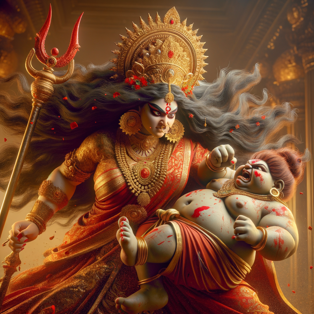 portrait of angry looking goddess durga  carrying a chubby mahishasur in her arms and poking him with her amazingly long red fingernails. She is wearing a huge gold crown, red saree, abundant  gold jewelry, covered in blood. The scene is set in ancient India. The image is 8K resolution, cinematic, ultra detailed face and epic.