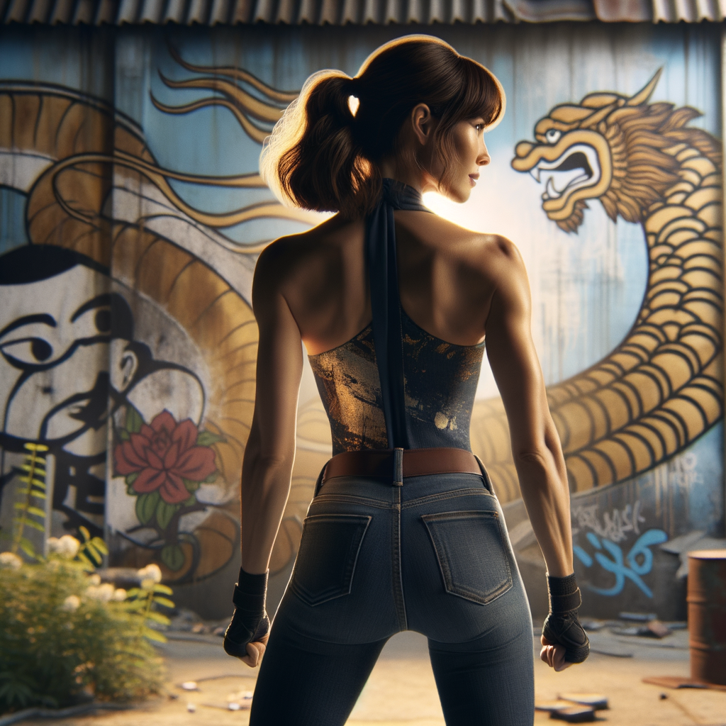 Athletic Thin skinny Attractive, Asian teenage girl, long brown hair and bangs, wearing tight skinny jeans and a halter top paint marks on her clothing, heroic pose Asian graffiti background, backside view