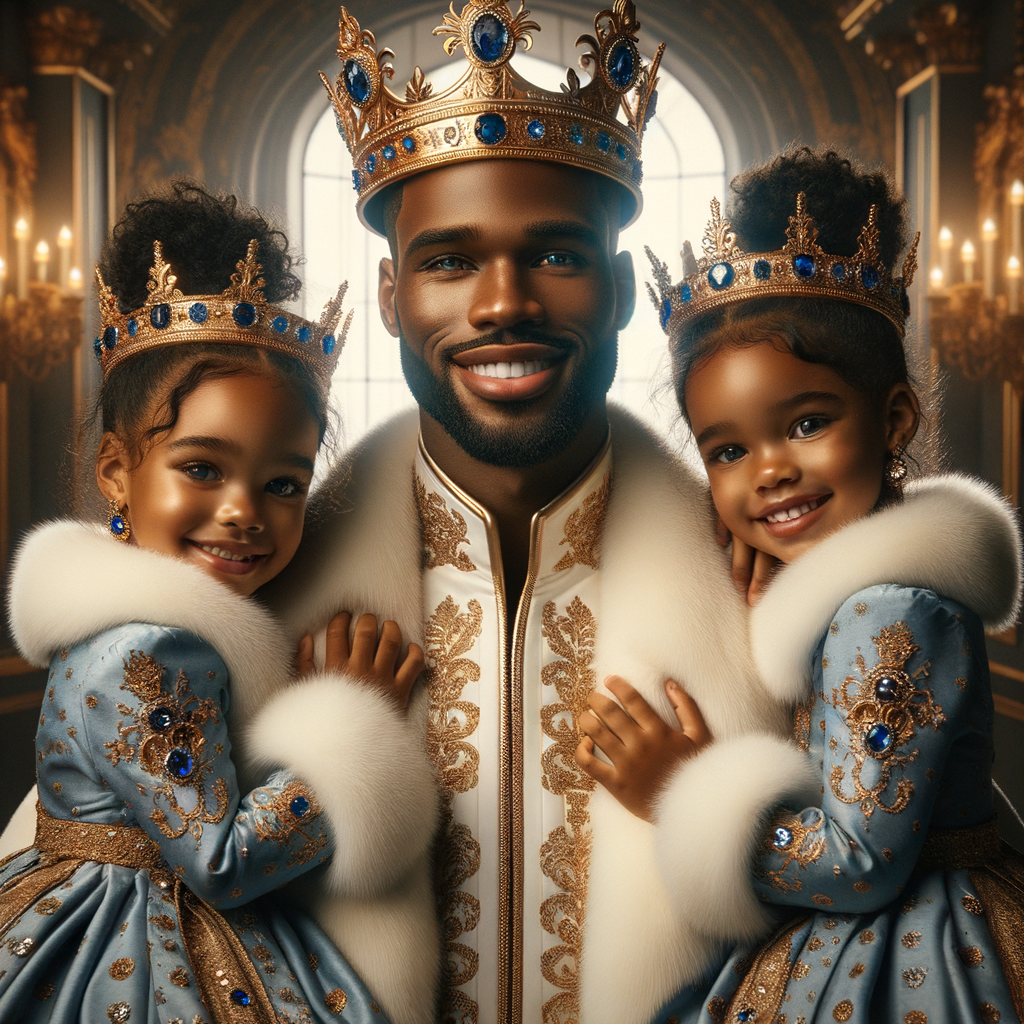 Imagine a regal portrait of an African American king with a warm and inviting smile, adorned in a majestic white and gold-trimmed robe, embellished with sapphire, blue  sapphire, jewels. His head is crowned with a stately gold crown, studded with matching jewels. He is holding two young princesses, one in each arm, who are his spitting image, with joyful expressions and wearing blue and gold dresses that complement his attire, complete with mini crowns and fluffy white fur at the collars and wrists. They are all in front of a luxurious backdrop, suggesting a palatial setting.