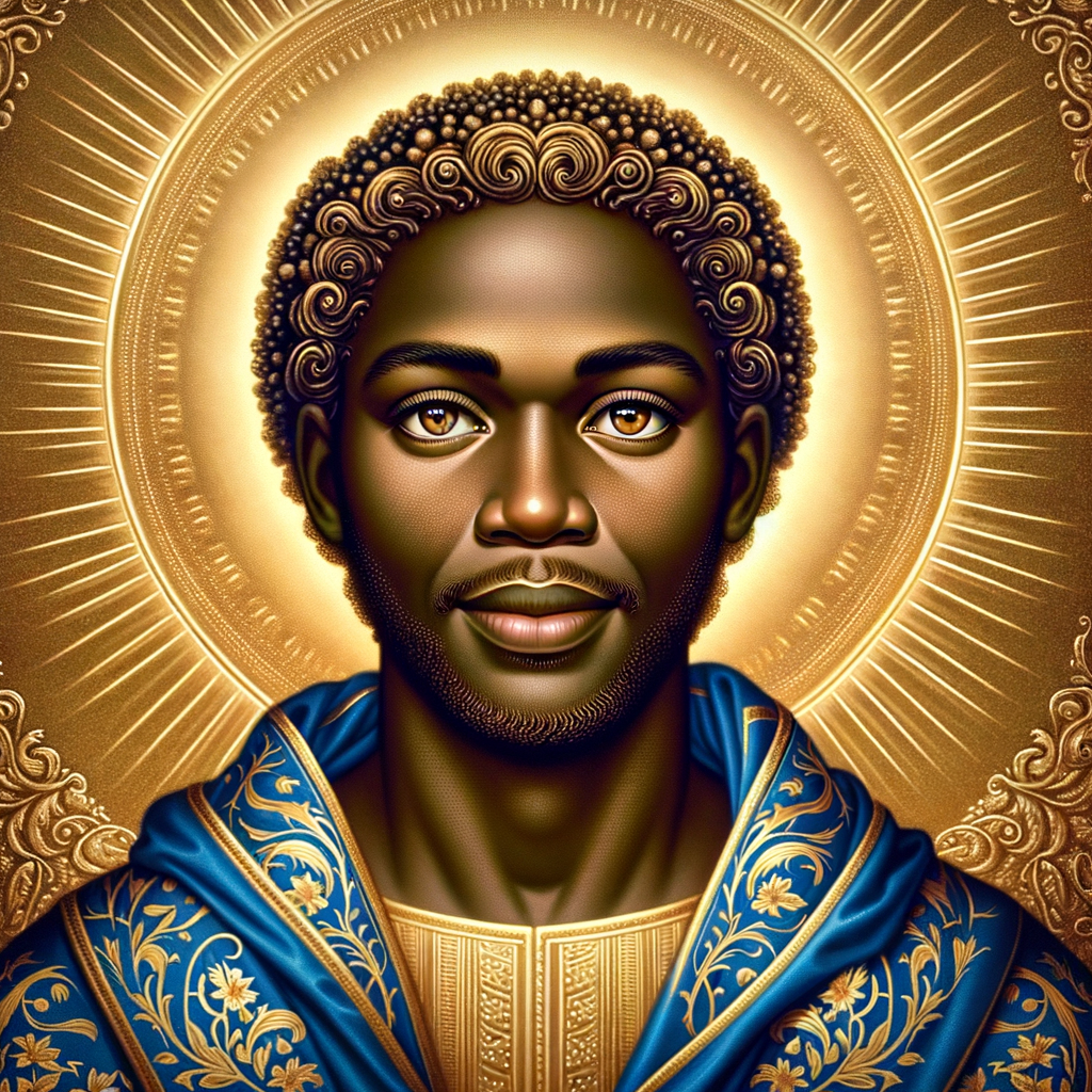 Create a beautiful African-American Jesus Christ with Hazel, brown eyes and blue and gold robe