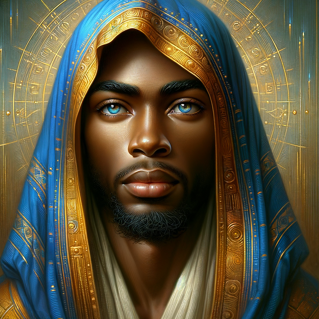 Create a beautiful African-American Jesus Christ with Hazel, brown eyes and blue and gold robe