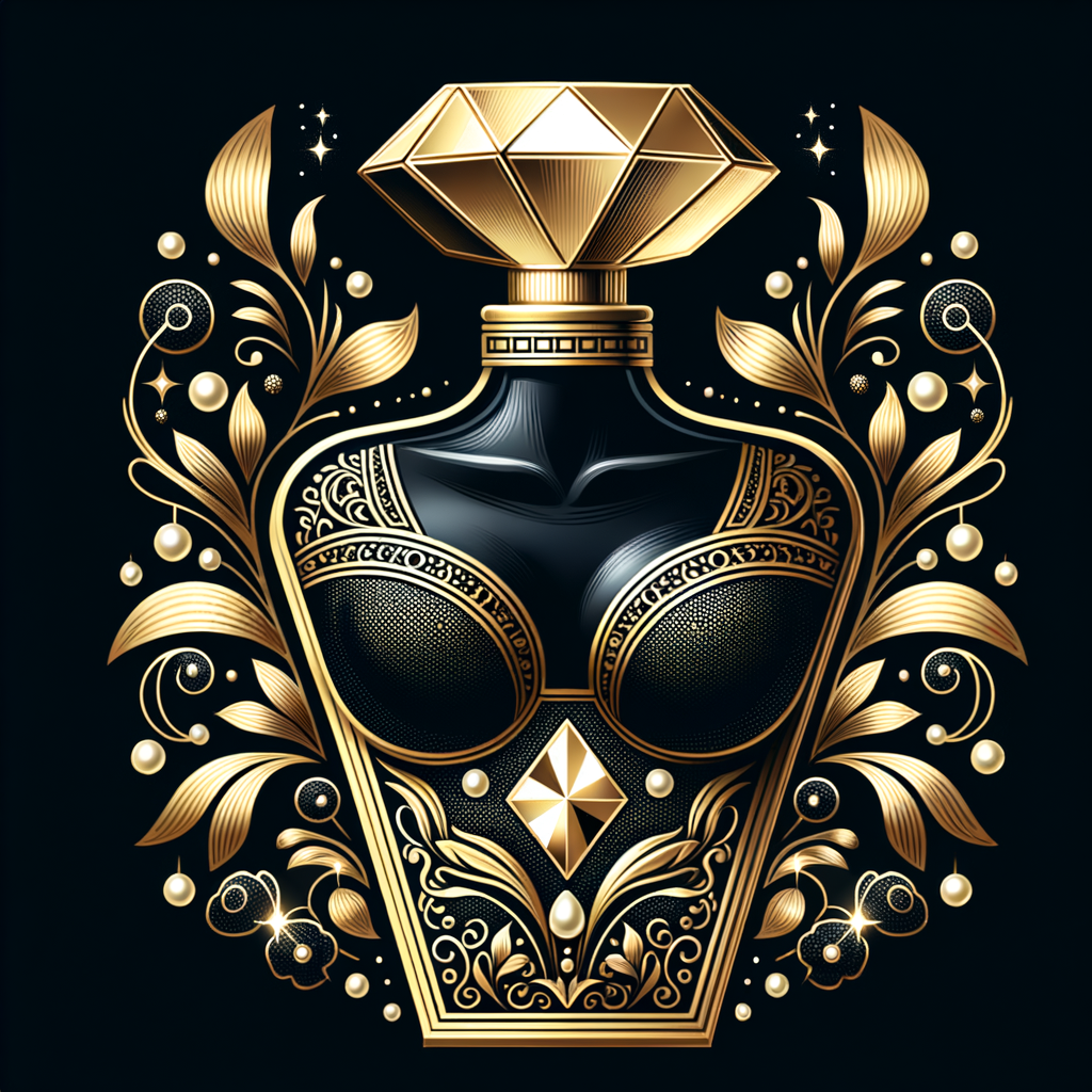 Design a fancy, black and gold bottle of perfume in the shape of a woman’s body. With a golden diamond top, flowers pearls and Diamonds in the name, Karen