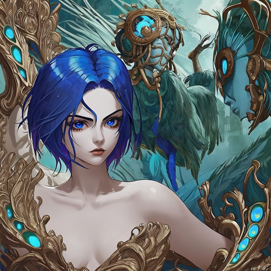 Naked, beautiful, peacock blue hair, battle angel, portrait, goddess