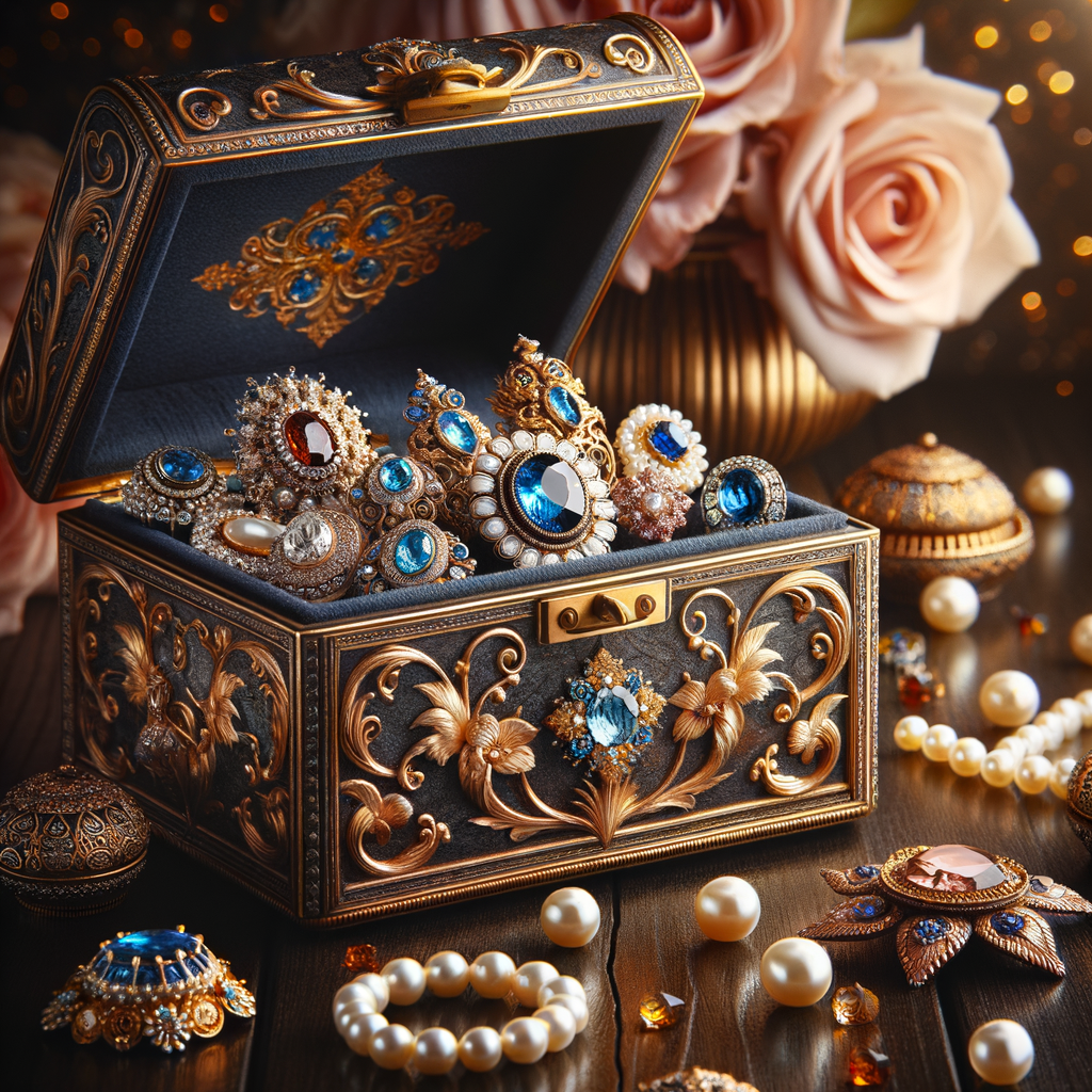 Create an image of an ornate jewelry box richly detailed with golden swirls and floral motifs, with no items on the top. Inside the box lies a collection of exquisite jewelry, each piece featuring vibrant blue gemstones set amongst pearls and golden accents. This treasure is placed on a dark wooden surface, subtly reflecting the luster of the gems. Around the box, there are loose gemstones, a golden flower, and soft pink roses in the blurred background, contributing to the elegant ambiance. The name 'Karen' is elegantly inscribed above the jewelry box, adding a personalized touch to the scene.