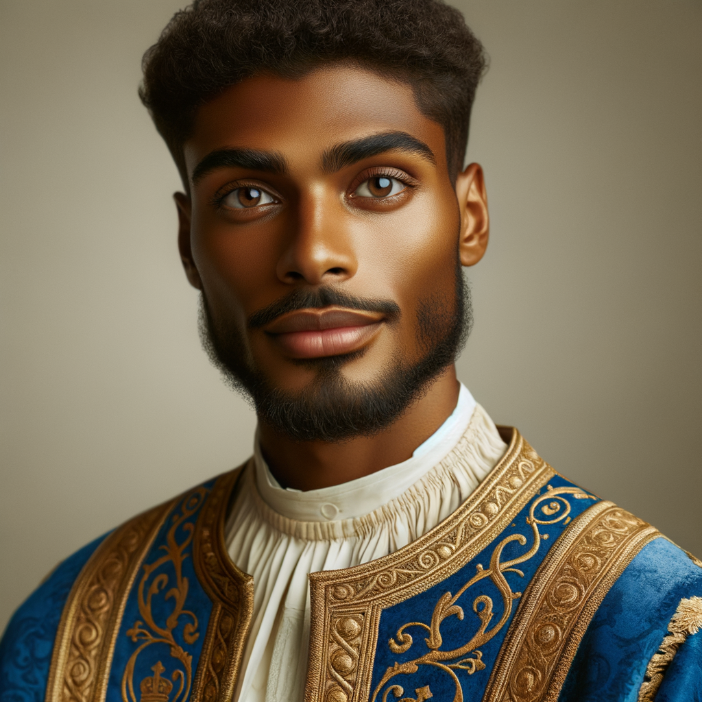 Create handsome African-American, Jesus, with Hazel Brown eyes wearing a blue and gold robe