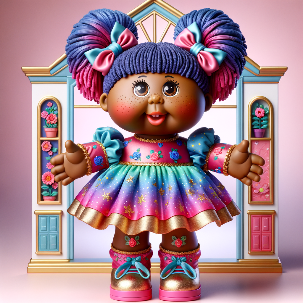 Design a 3-D realistic original African-American Cabbage Patch doll. She has on a blue pink and gold dress with matching booties. She has pink and blue bows in her hair. she lives inside of a colorful dollhouse. She has freckles and big dimples.