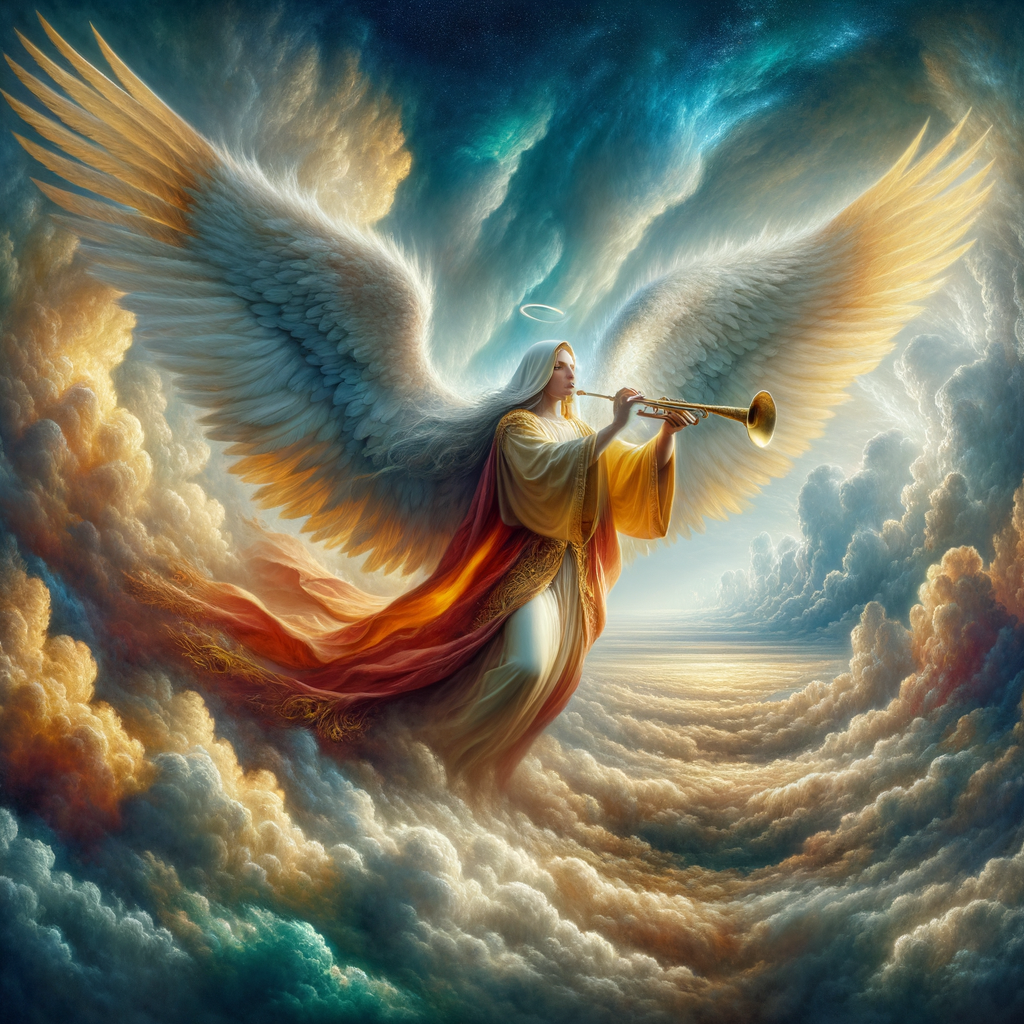 Create an image of an arc angel, blowing his trumpet coming in the clouds