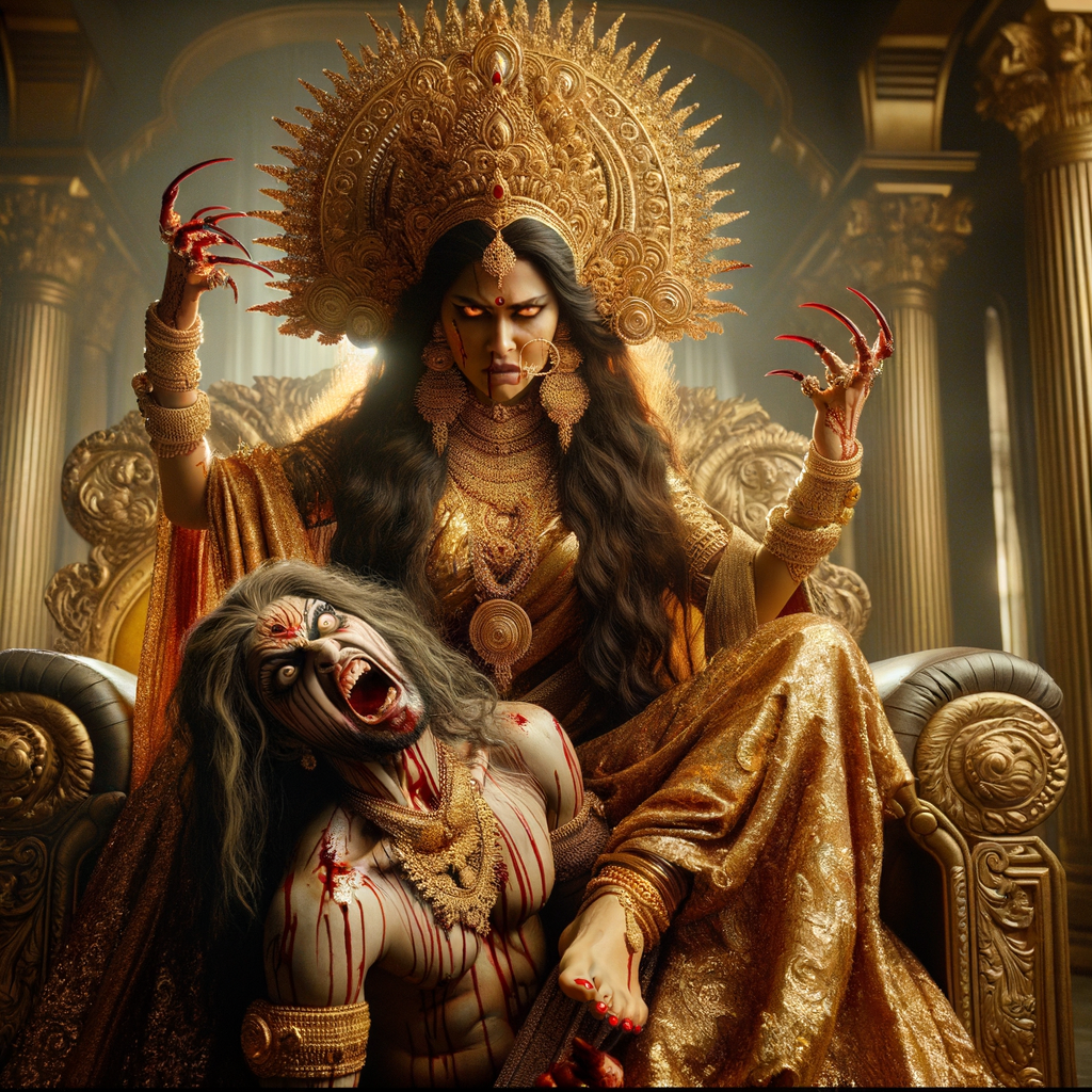 portrait of extremely angry looking goddess durga cosplayer sitting on a gold crown and carrying a weak mahishasur on her lap and poking him with her amazingly long red fingernails. She is wearing gold armor, a huge gold crown, gold saree, abundant  gold jewelry, covered in blood. The scene is set in ancient India. The image is 8K resolution, cinematic, photography, ultra detailed face and epic.