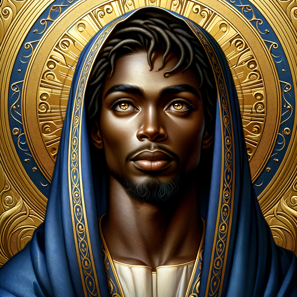 Create a beautiful African-American Jesus Christ with Hazel, brown eyes and blue and gold robe