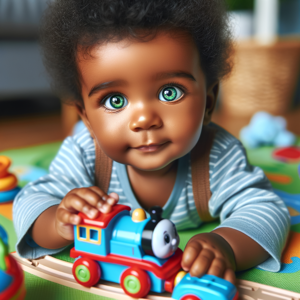 African-American baby boy with huge green eyes, playing with a train