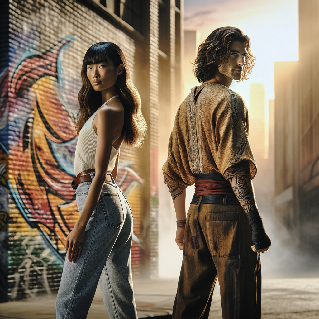 Athletic Thin skinny Attractive, Asian teenage girl, long brown hair and bangs, wearing tight skinny jeans and a halter top paint marks on her clothing, heroic pose Asian graffiti background, backside view